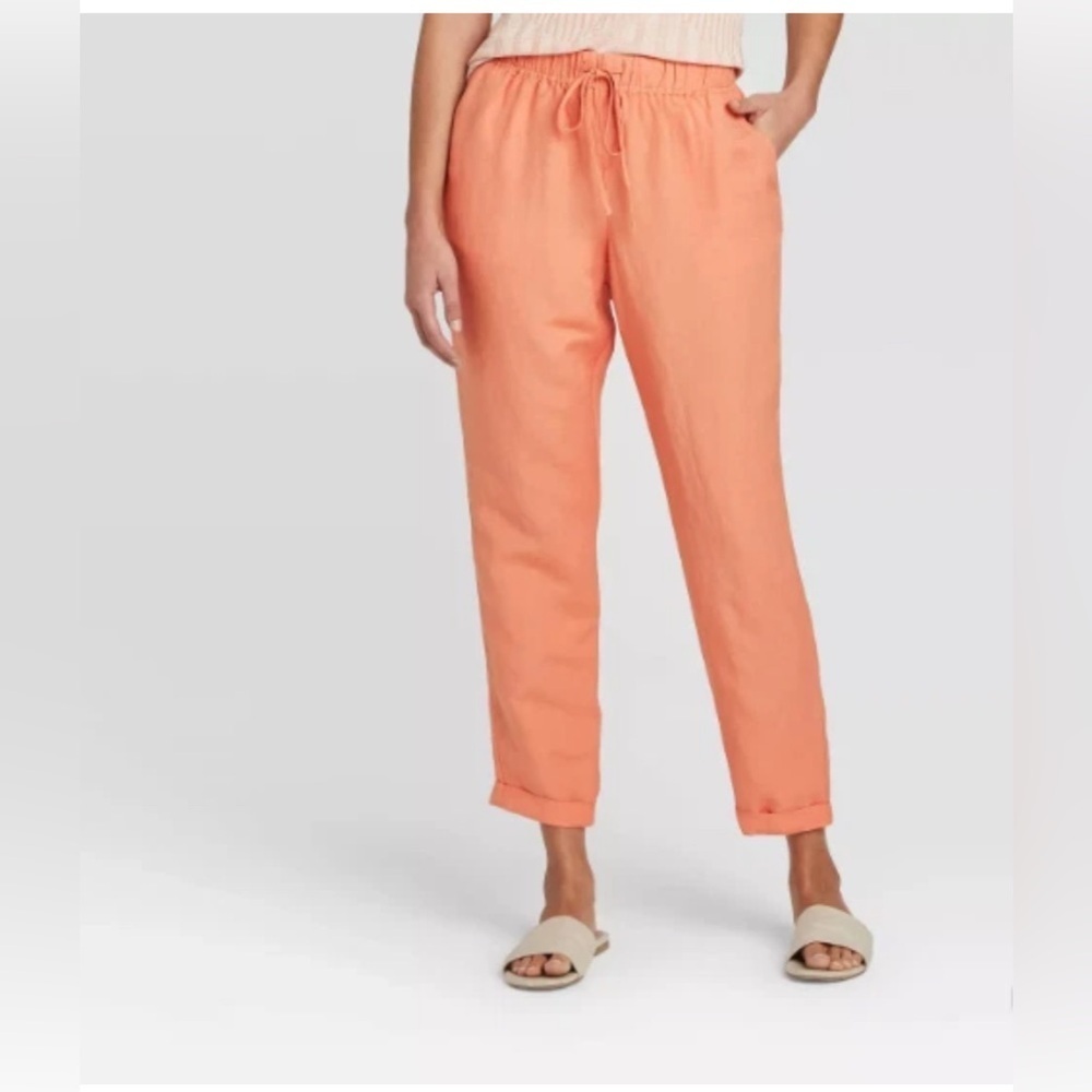 Women's High-Rise Ankle Taper Casual Pants A New Day Linen Blend Peach Color XL